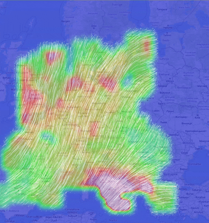 <p>My data visualised in the style of <a href="http://earth.nullschool.net/">earth.nullschool.net</a>.</p>