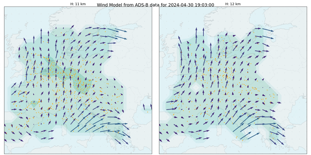 GIF showing the wind over Europe over the span of about 5 hours.