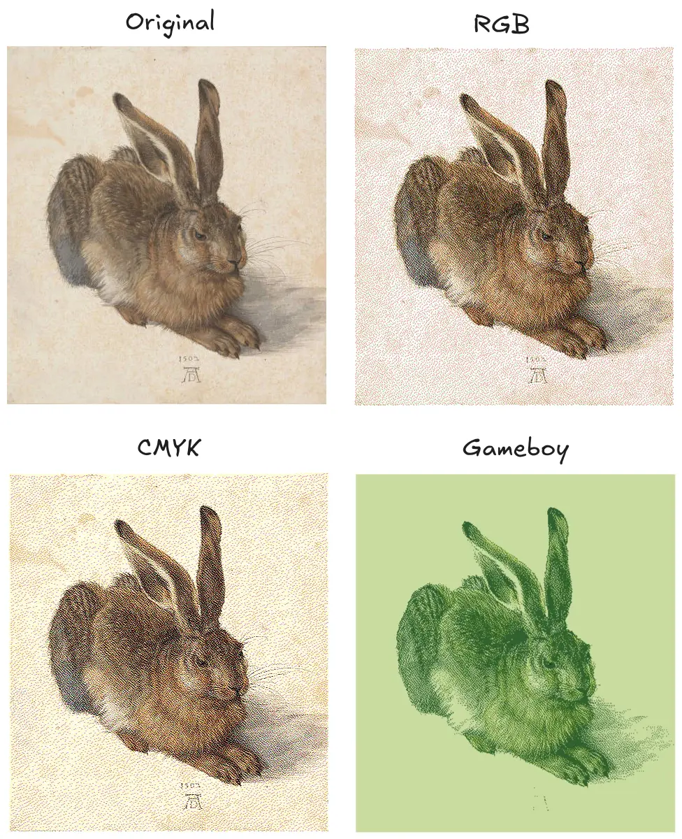 Albrecht Dürer painting dithered in RGB, CMYK and a Gameboy-like palette.