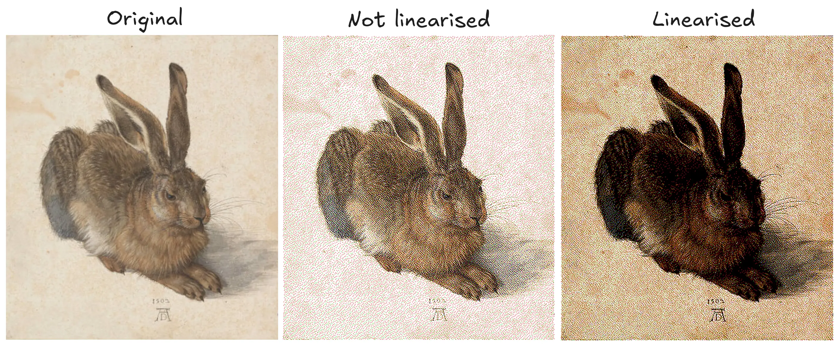 Comparison of my non-linearised dithering and didder’s correct code on Dürer’s “Young Hare”.