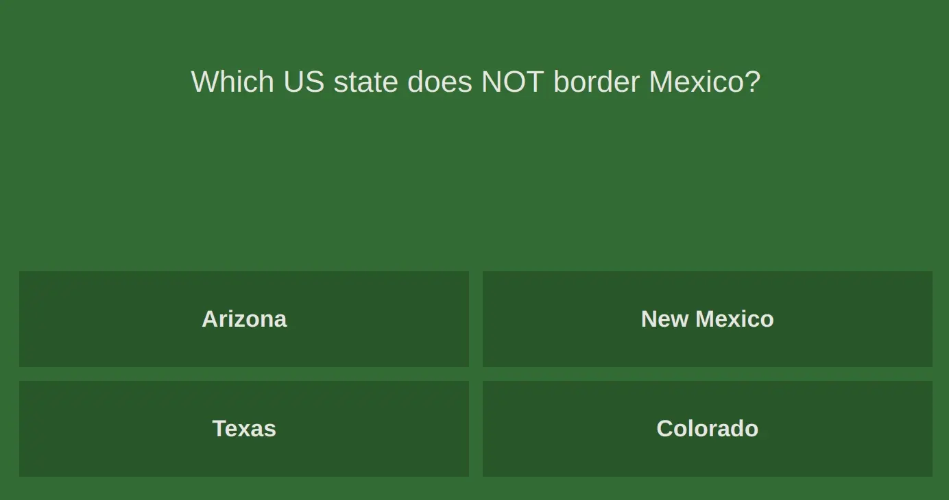 Example question from the game. None of the choices are not US States, they all could be correct.