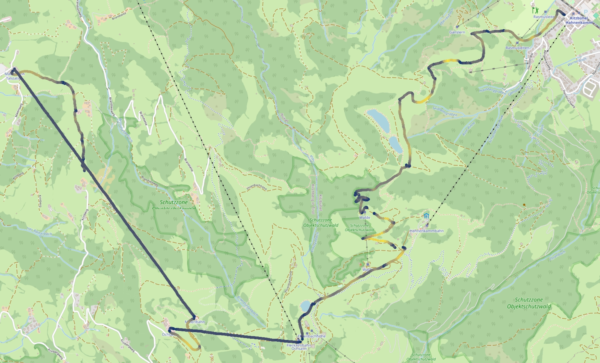 Map showing the speeds throughout the descent from the mountain.