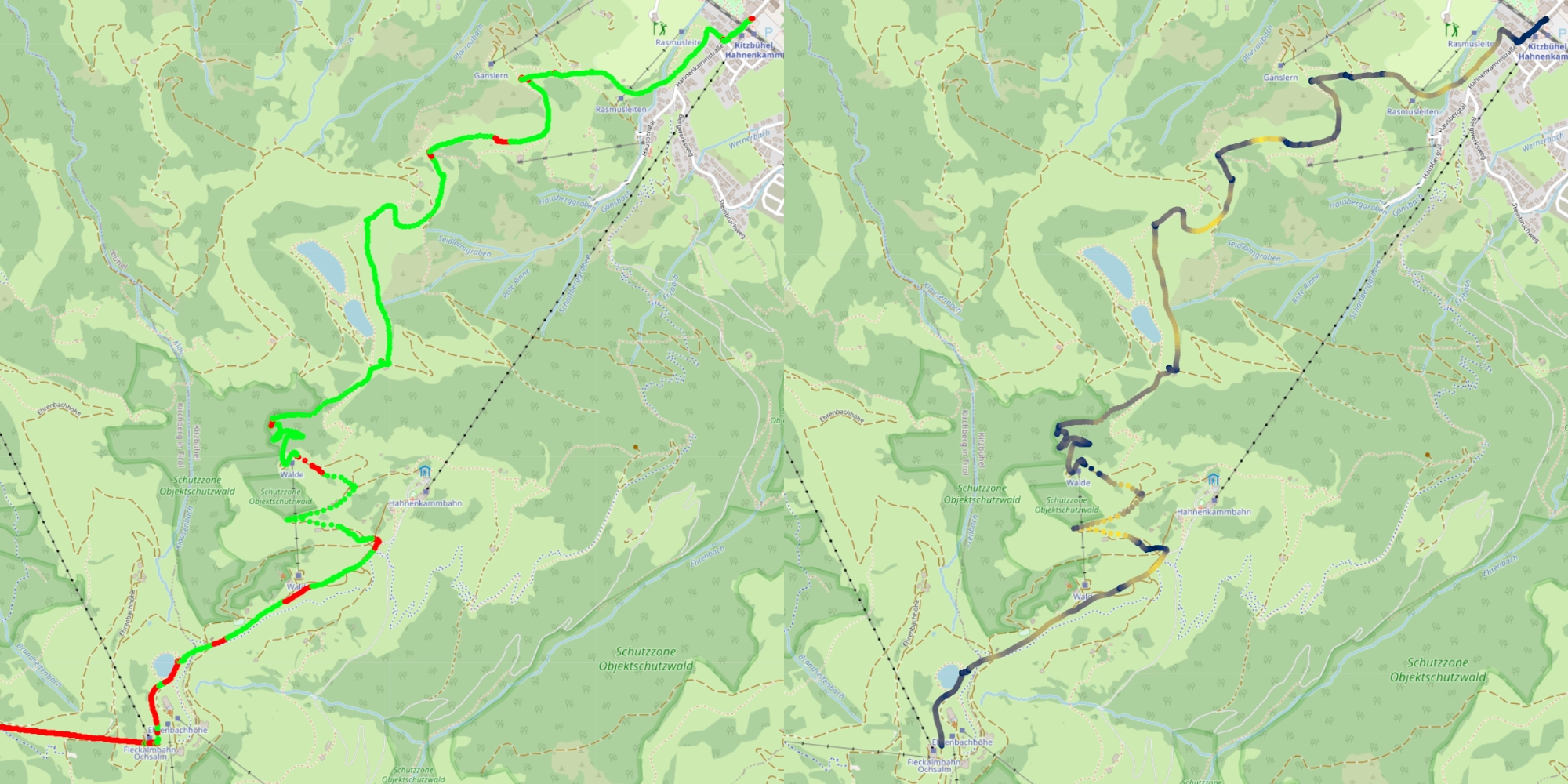 Map comparing the predictions and the speed throughout the descent.